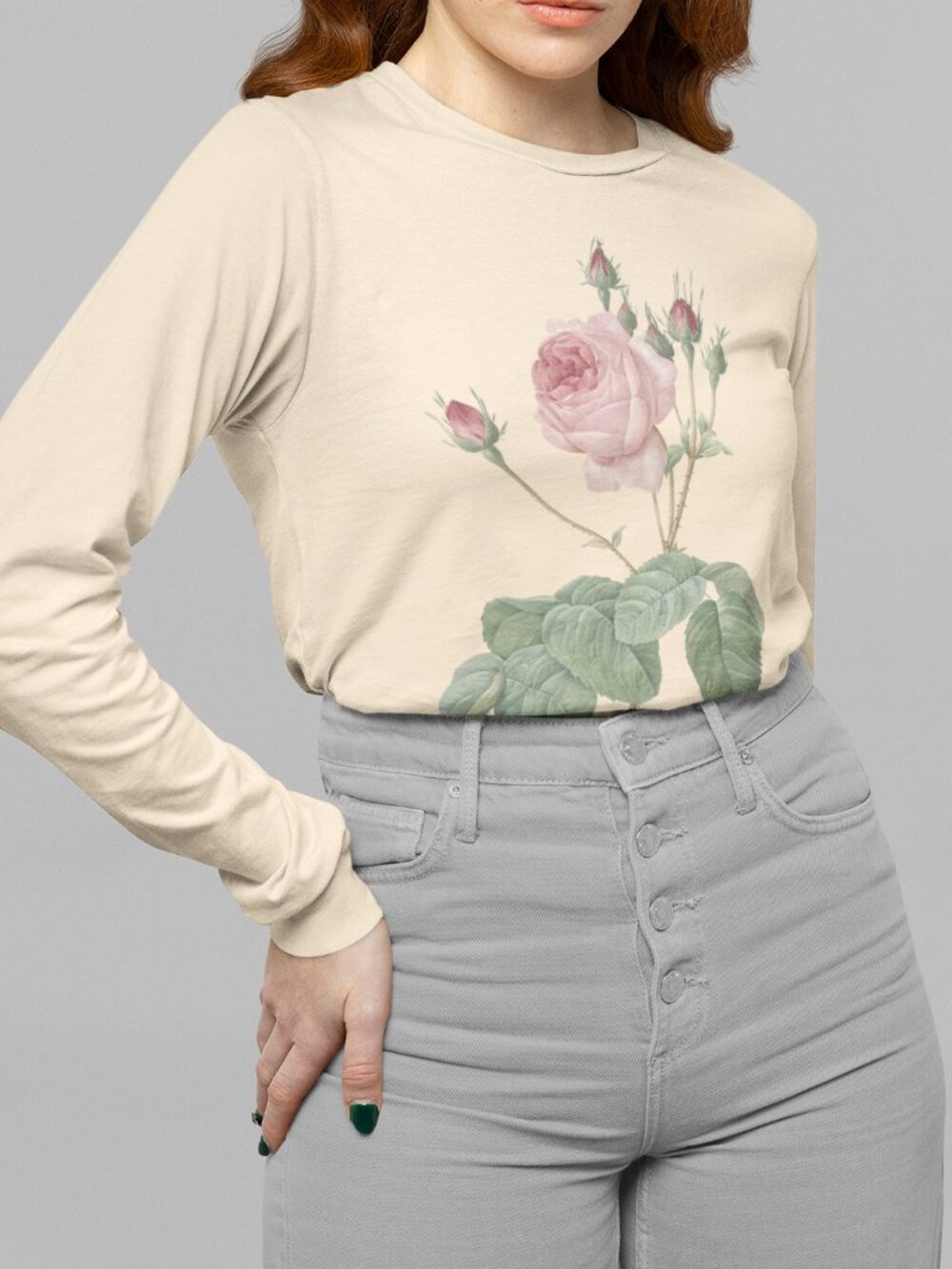 Rose Vintage Floral Print Long Sleeve Graphic Tee T-shirt S-XXL